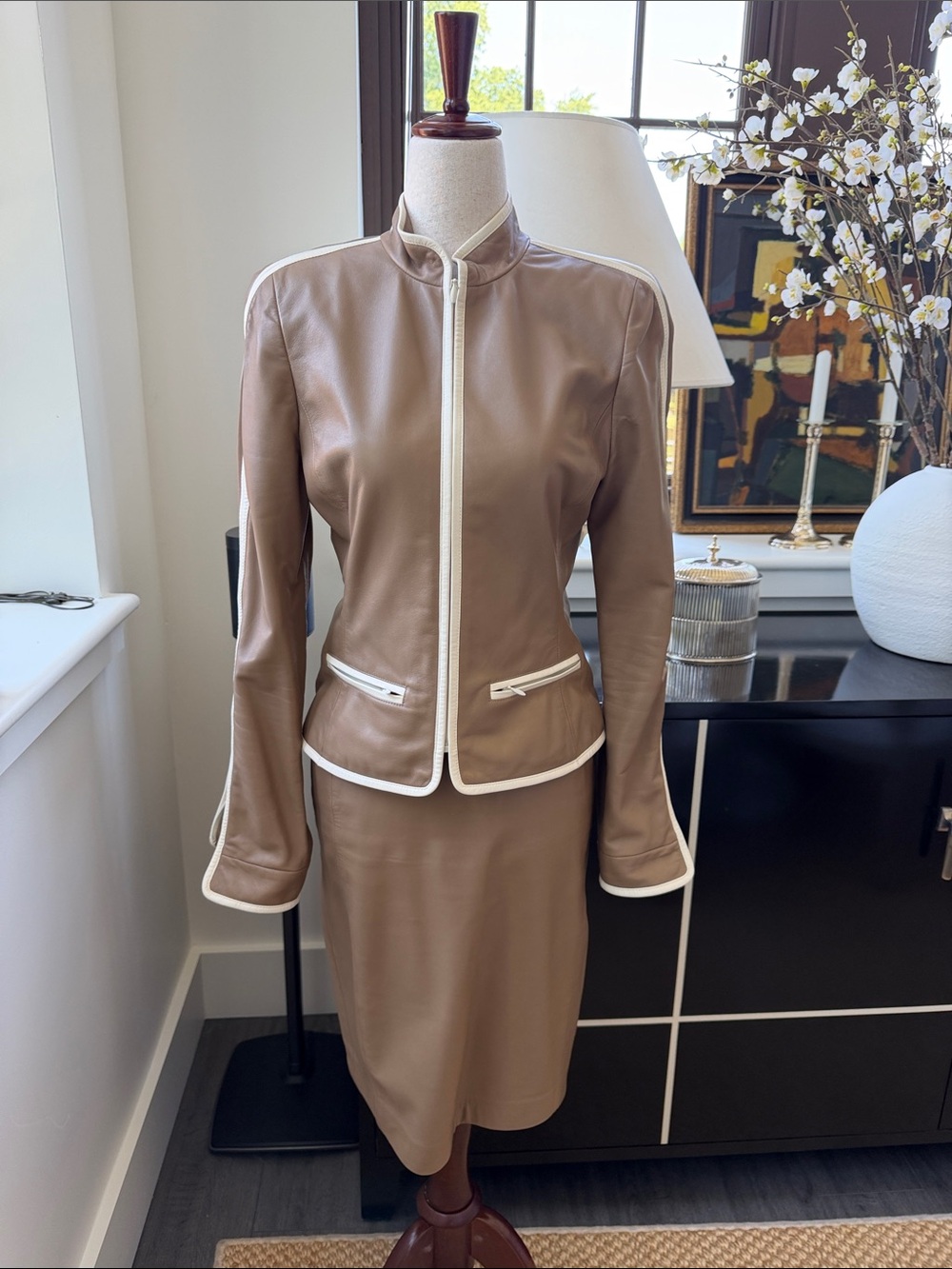Oscar de la Renta Taupe Leather Jacket with Cream Trim